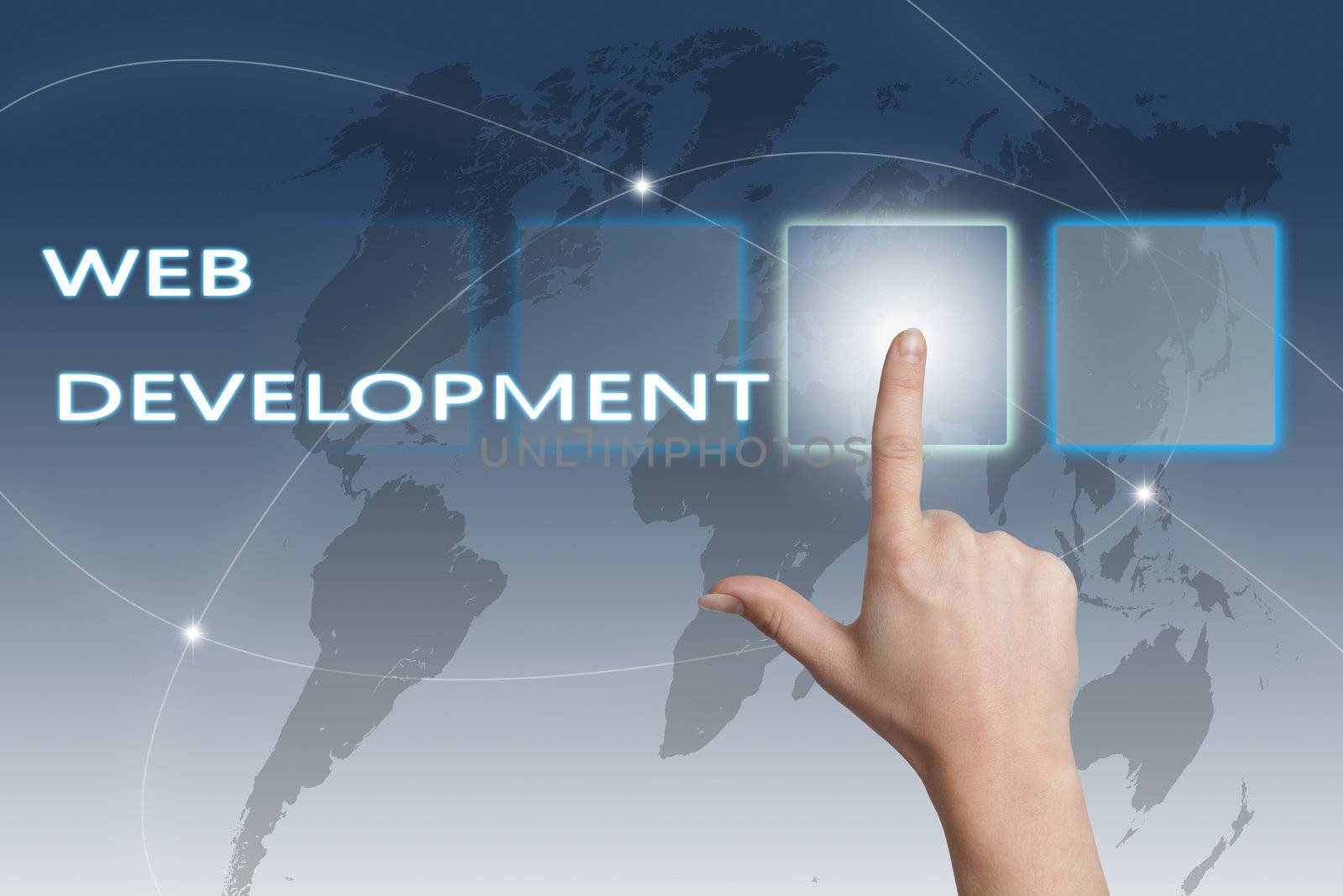 Web Development concept Illustration on blue-white background with world map