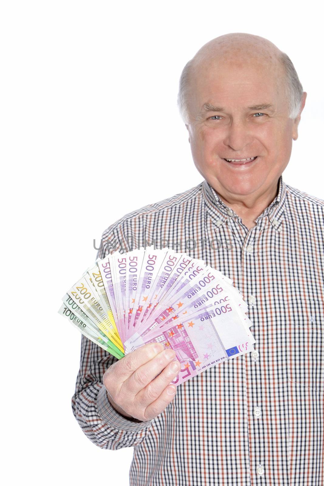 Mature man holding a variety of Euro notes