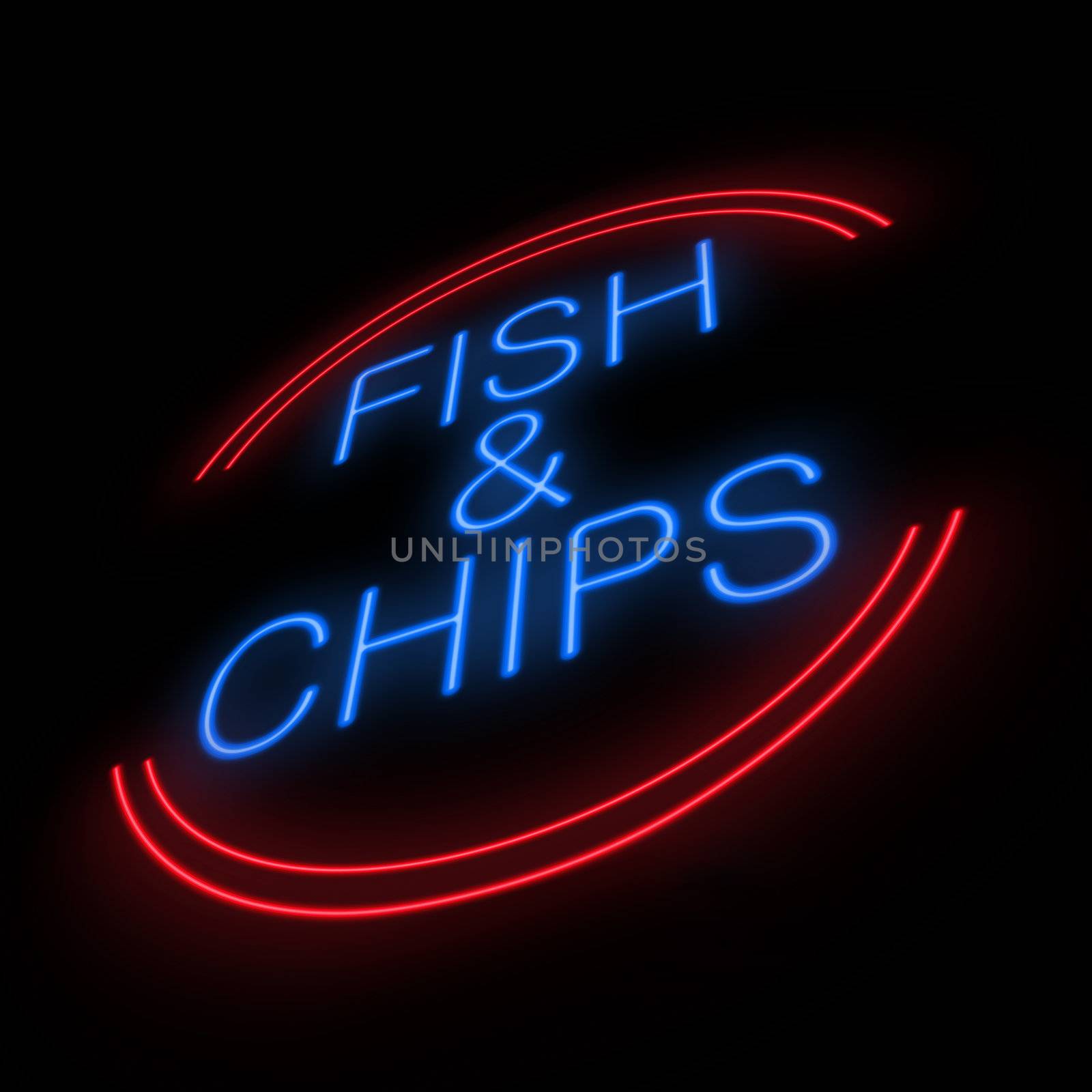 Illustration depicting an illuminated neon fish and chip sign with black background.