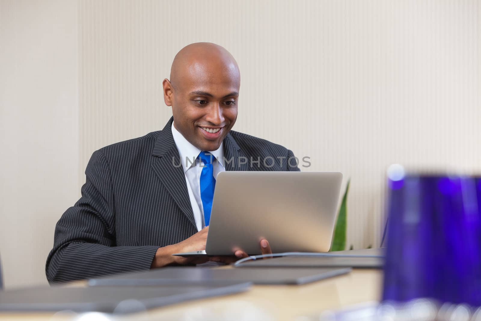 Businessman working on laptop by leaf