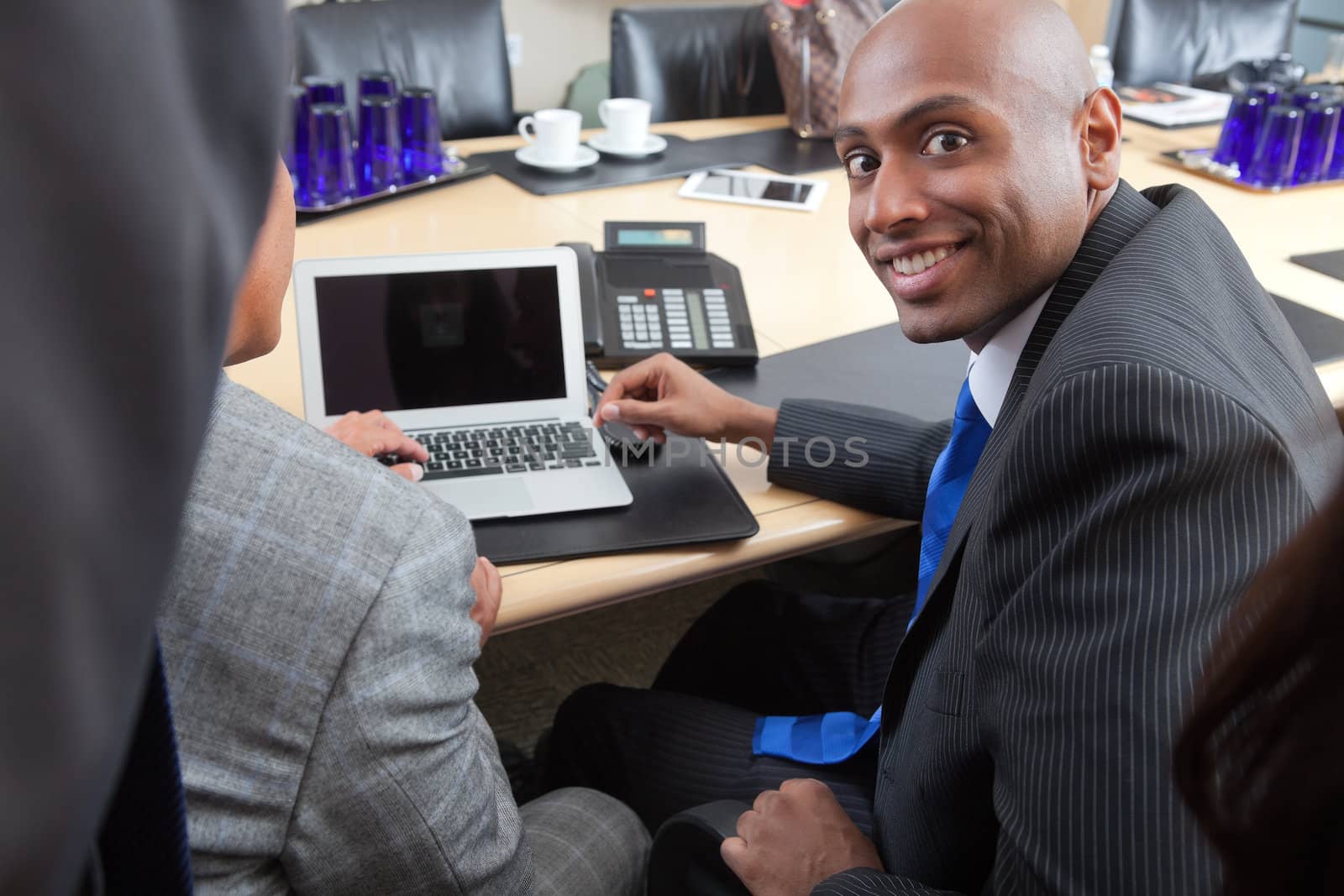 Business people using laptop in office by leaf