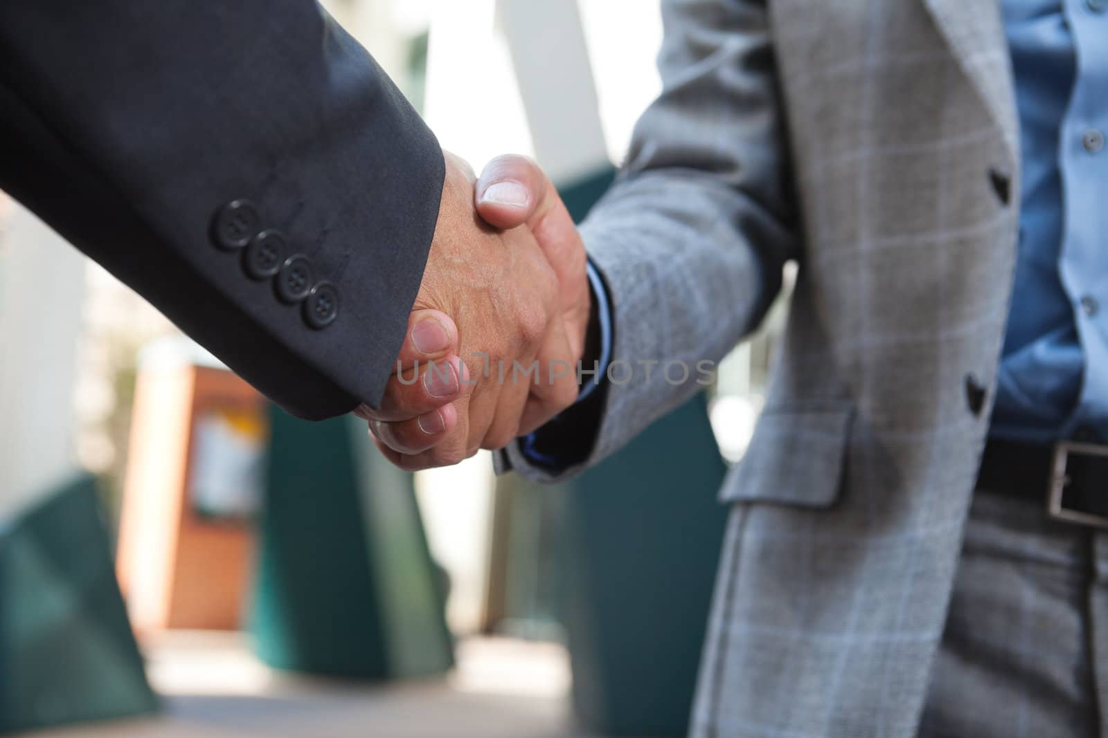 Business people shaking hands by leaf
