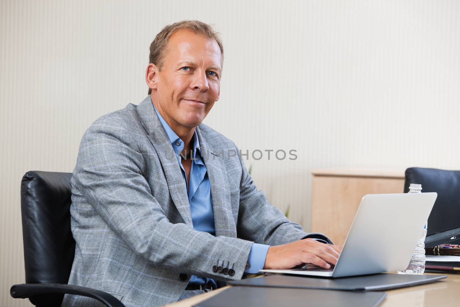 Portrait of smiling businessman working on laptop