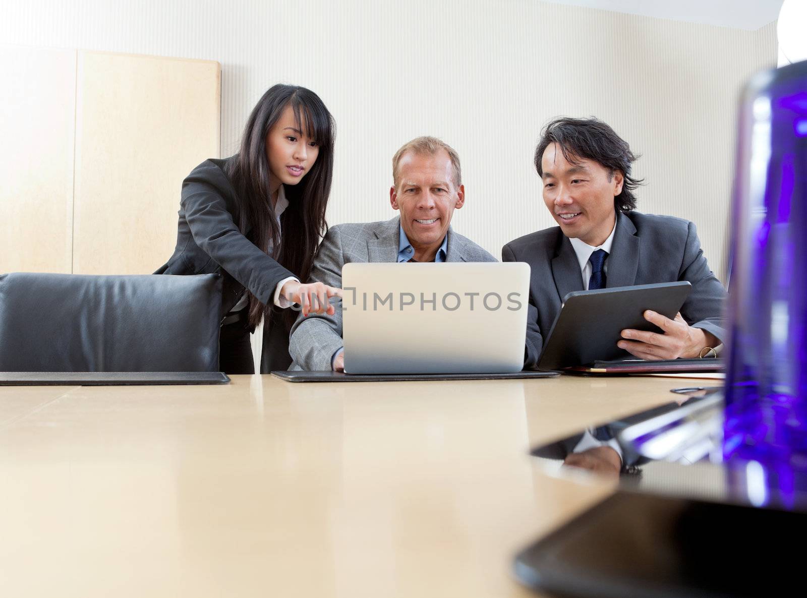 Business team working on laptop by leaf