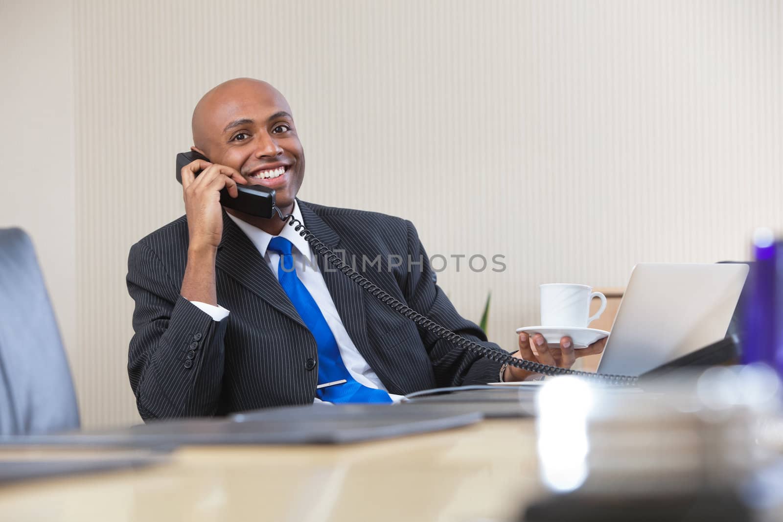 Businessman talking on telephone by leaf