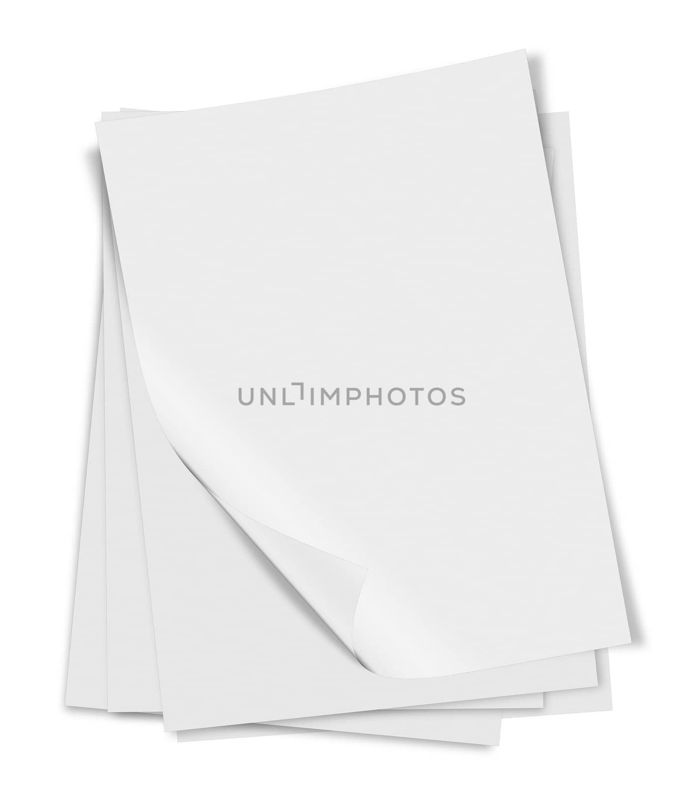 close up of stack of papers with curl on white background by Zhukow