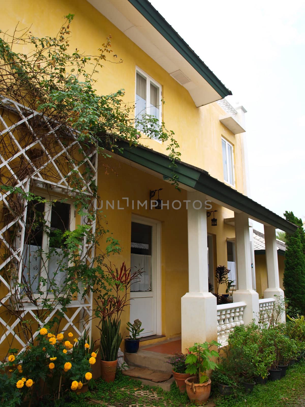 Two storey yellow house and porch with garden in nature by gururugu