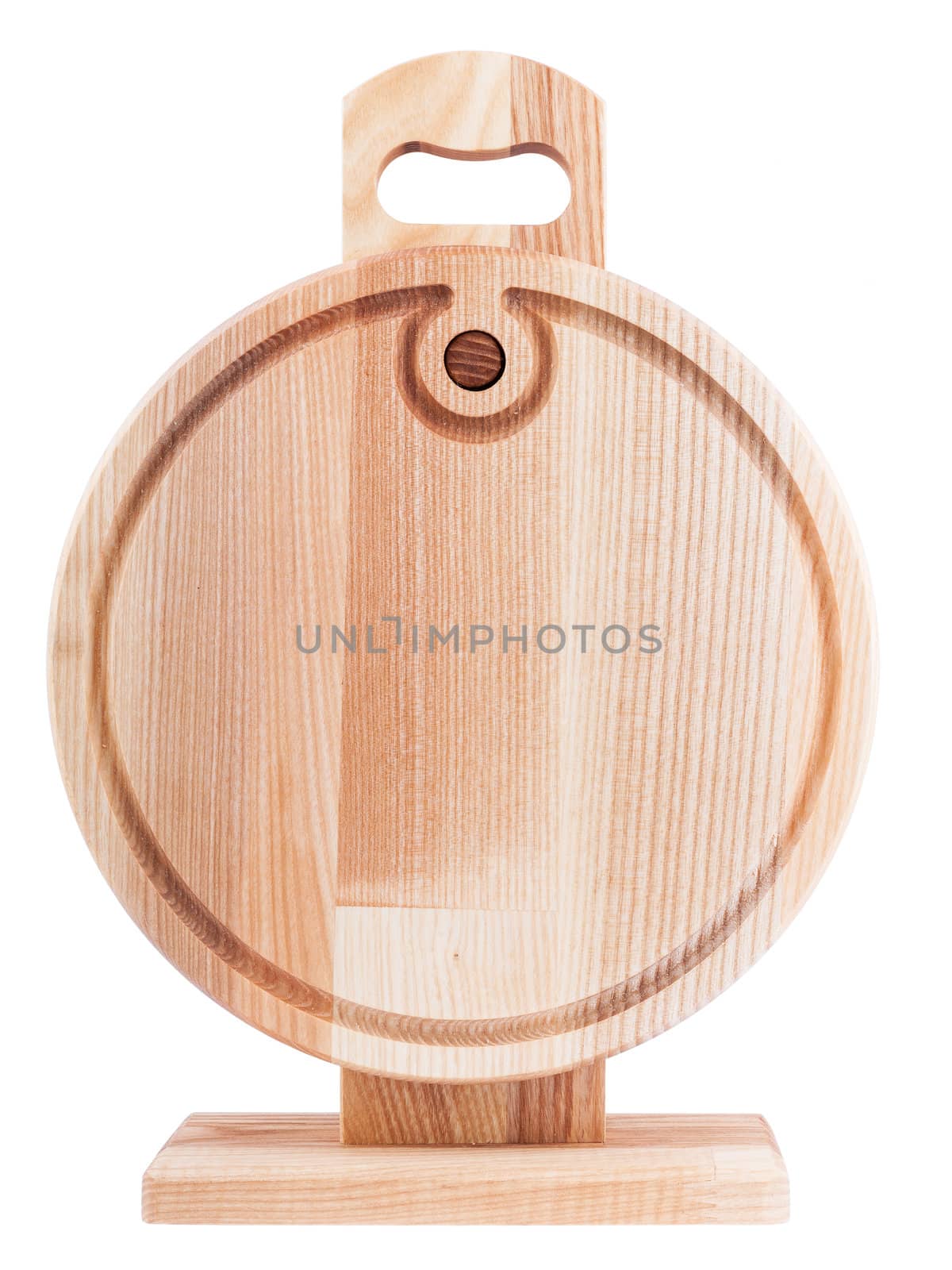 Wooden round cutting board on a stand isolated on white background