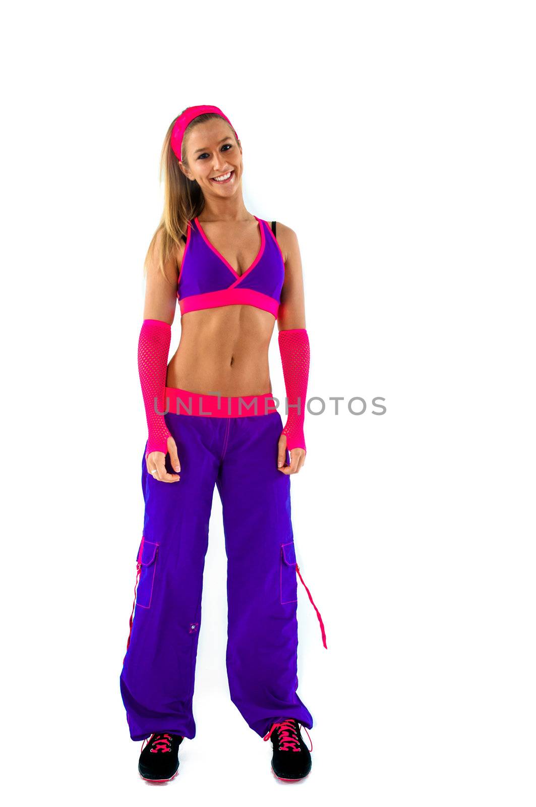 Young fitness instructor on white isolated background