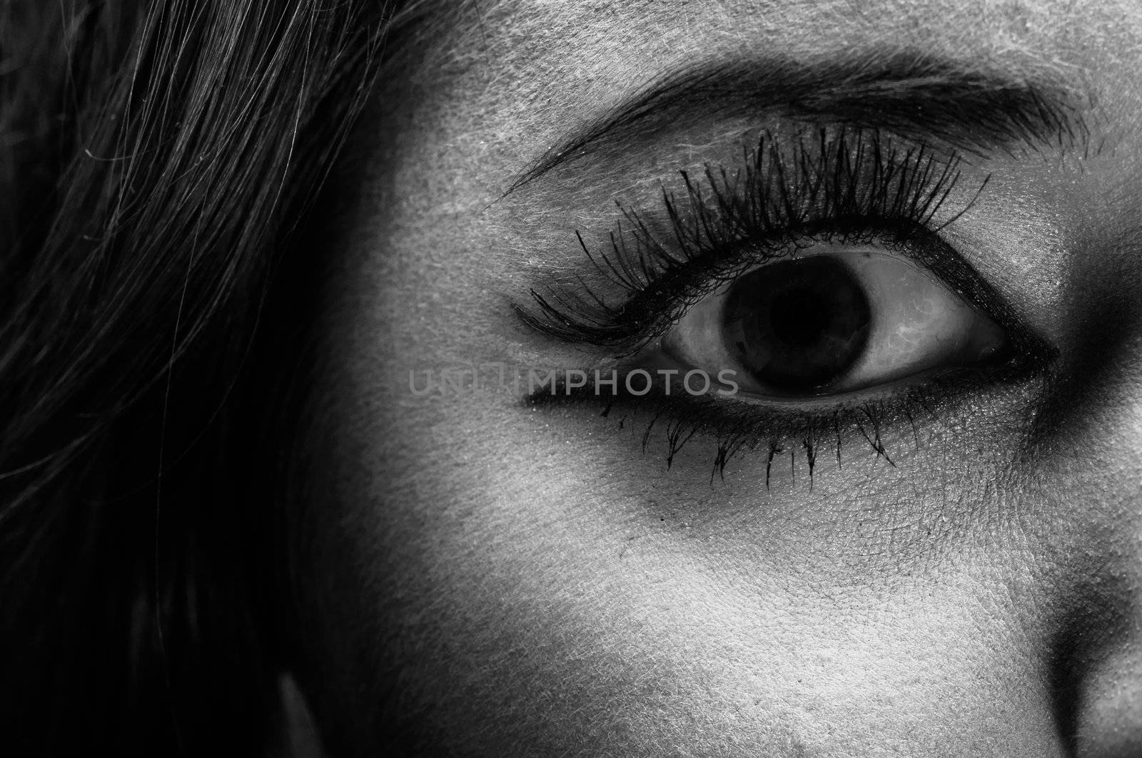 Closeup photo of a terrified girl with makeup