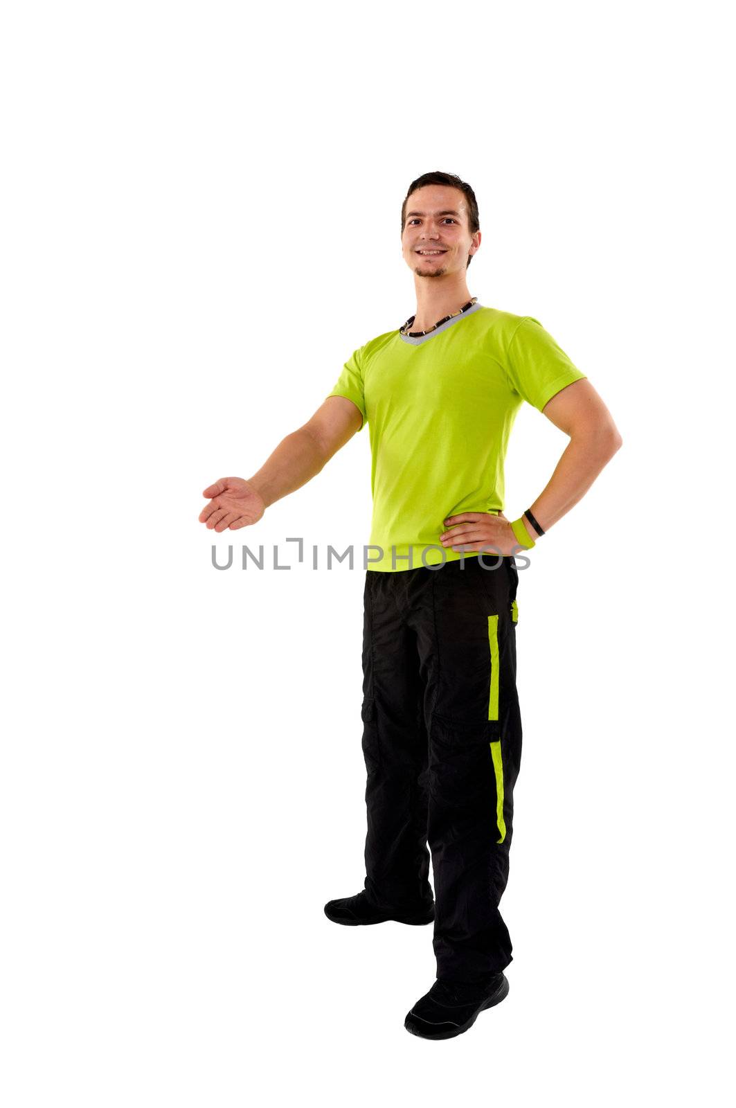 Young fitness instructor on white isolated background