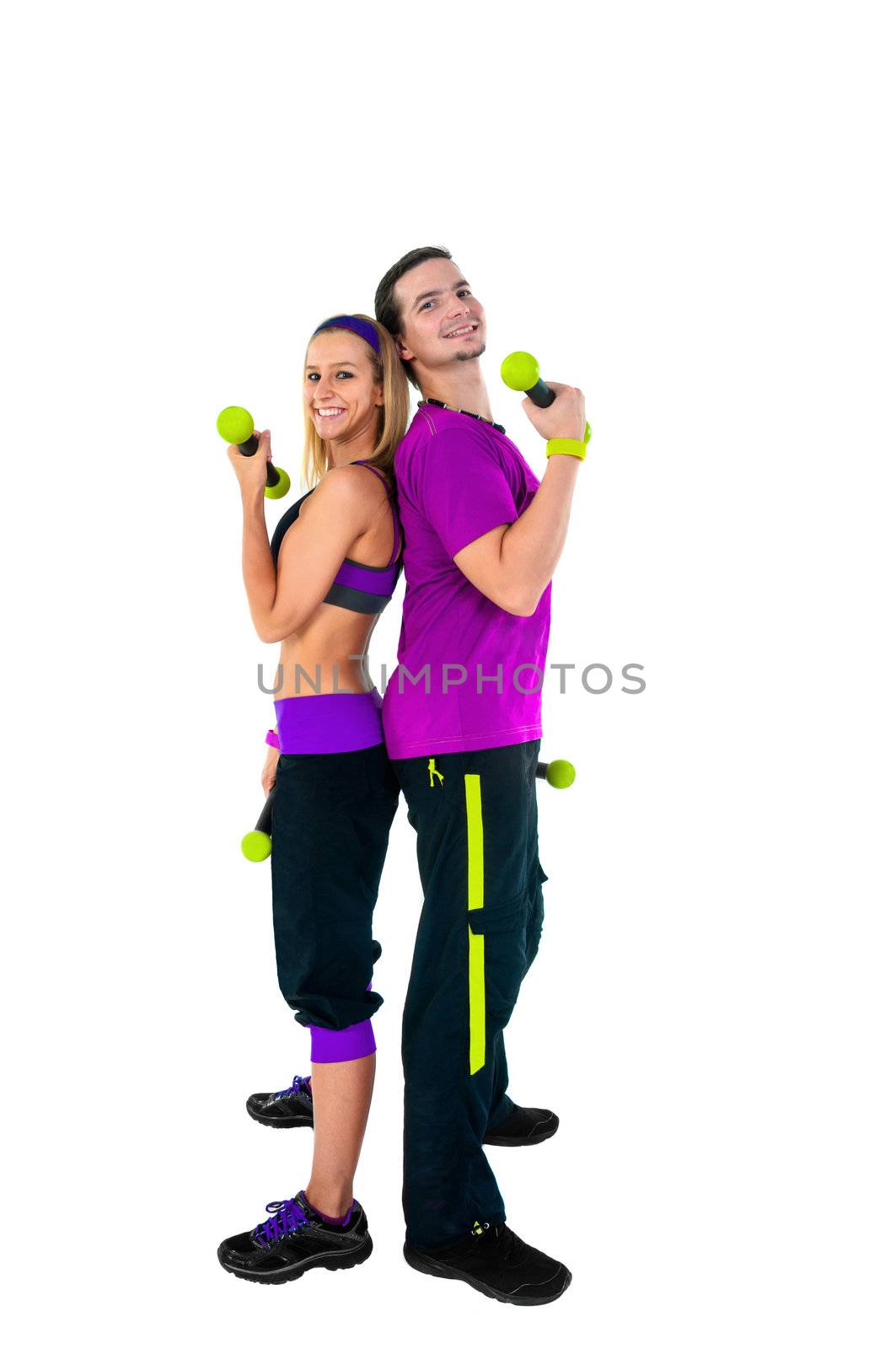 A group of young people training against white background