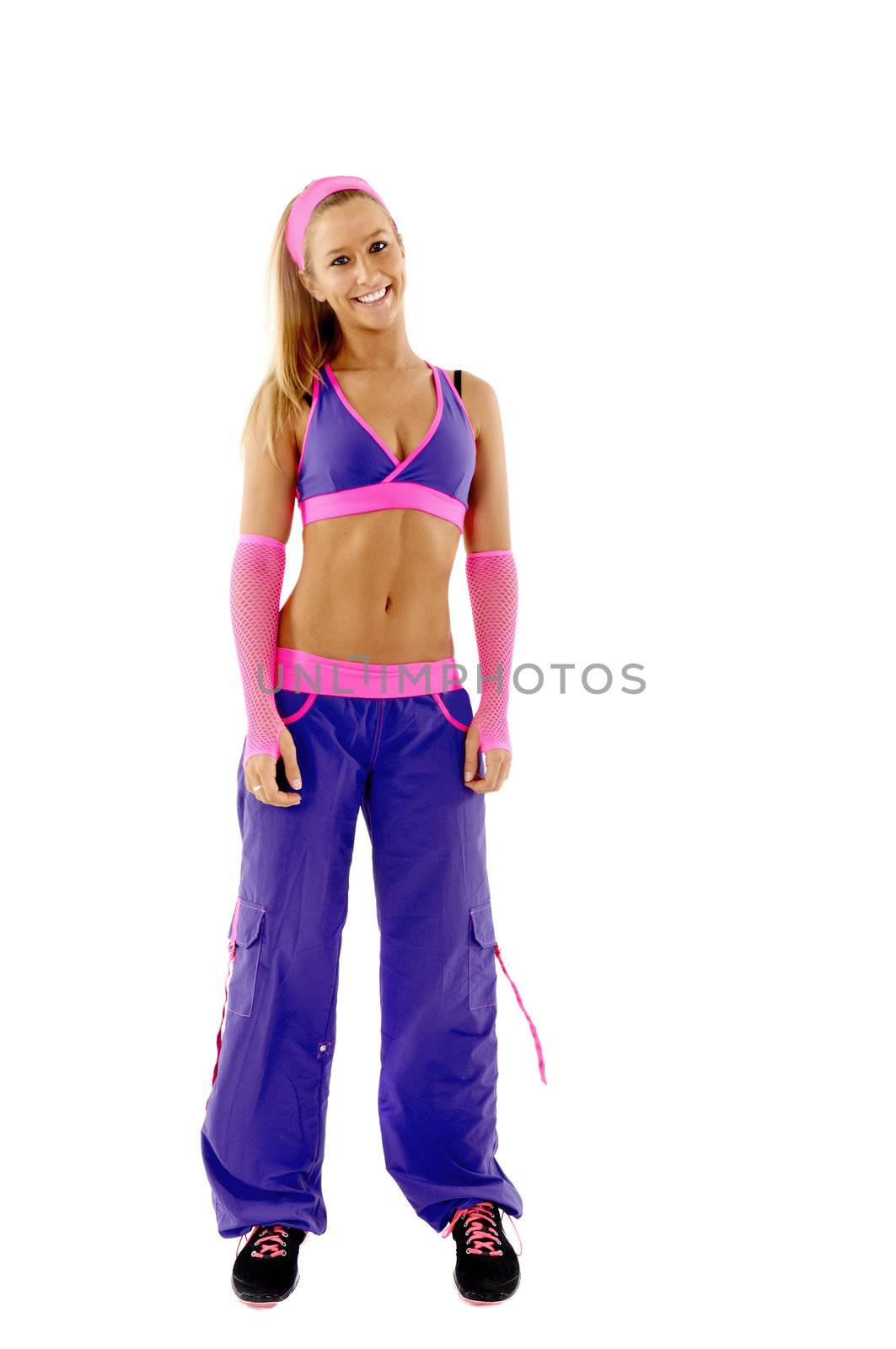 Young female fitness instructor on white isolated background