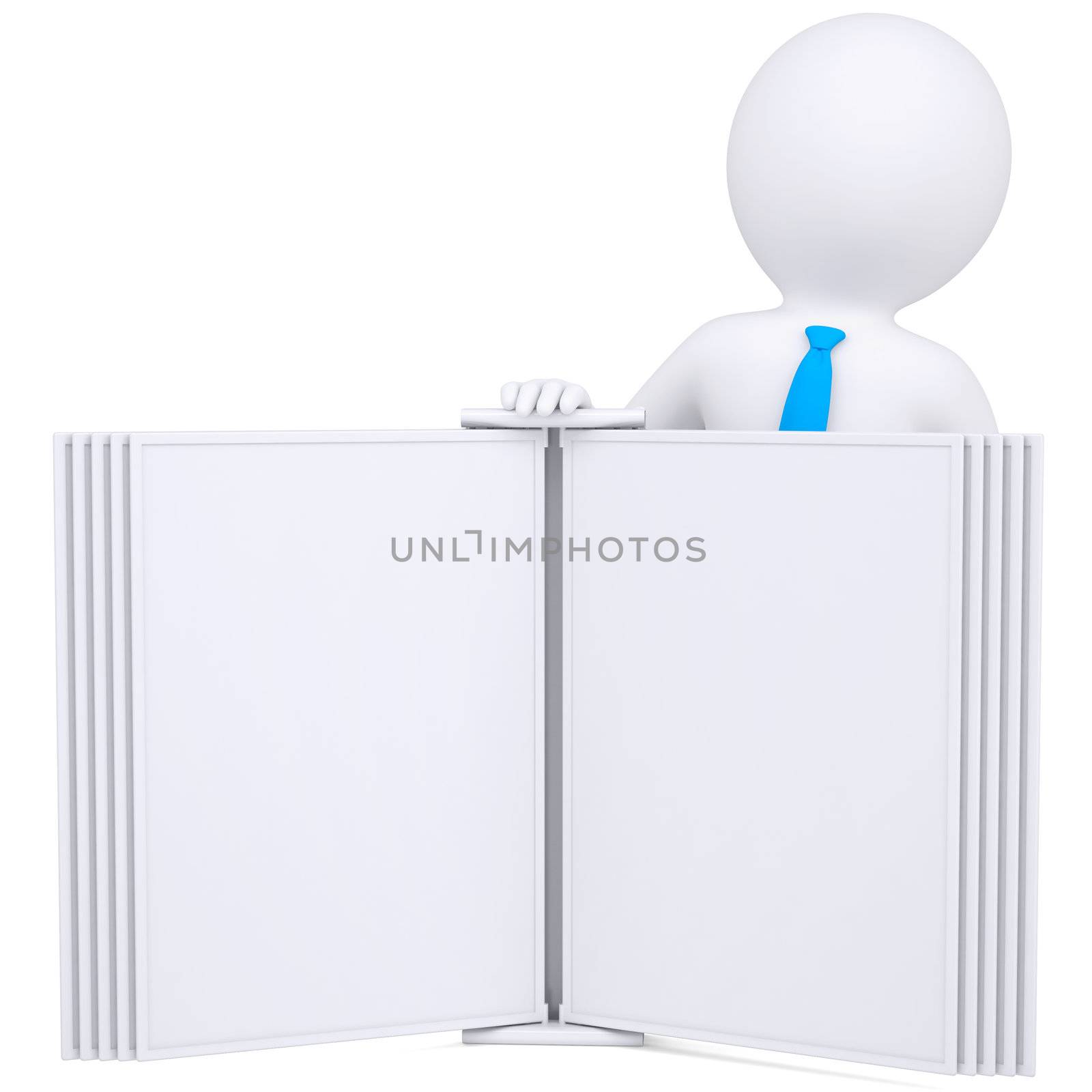 3d man holding an open book. Isolated render on a white background