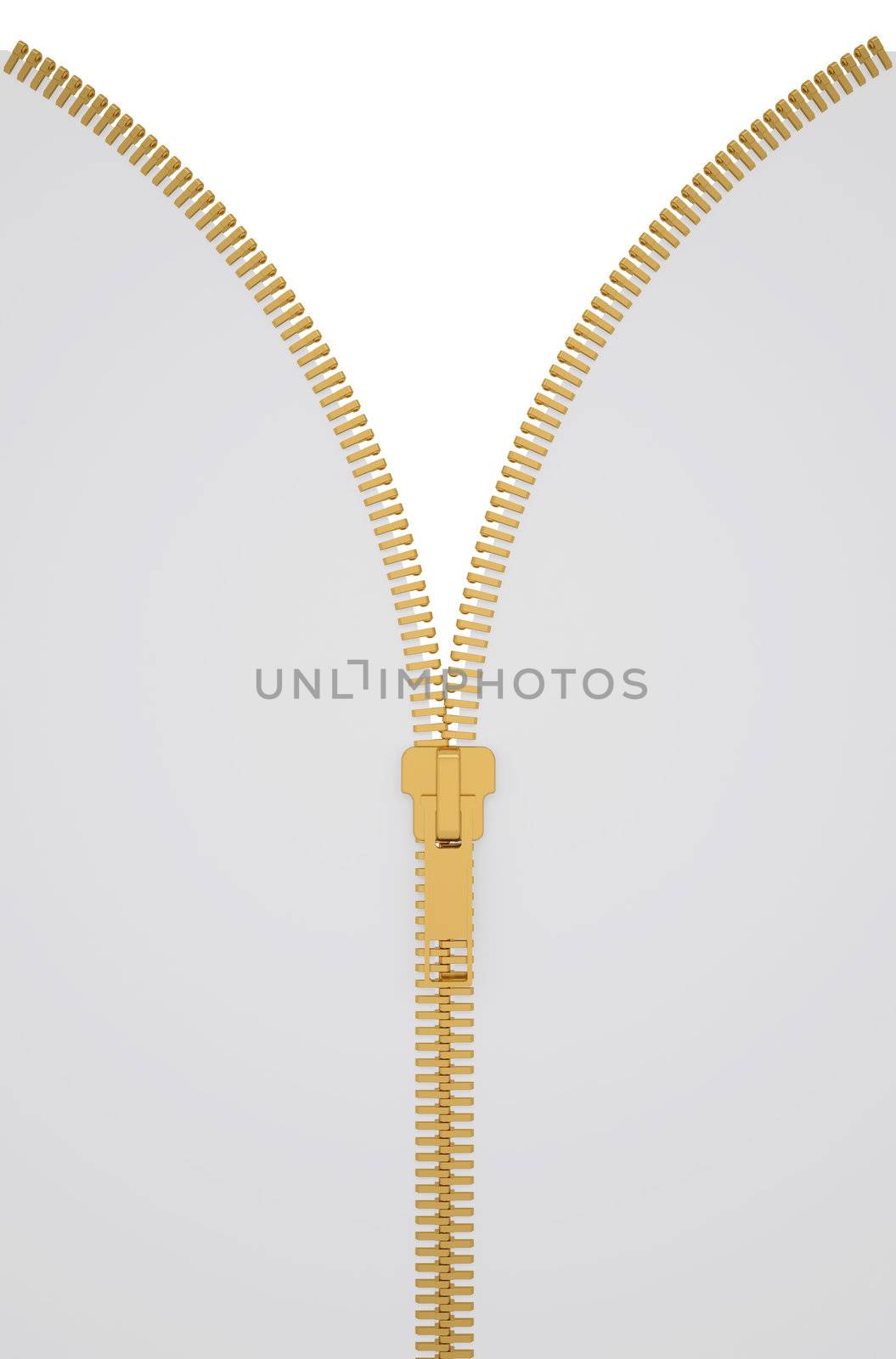 Open lock zipper. 3d render of a gray background