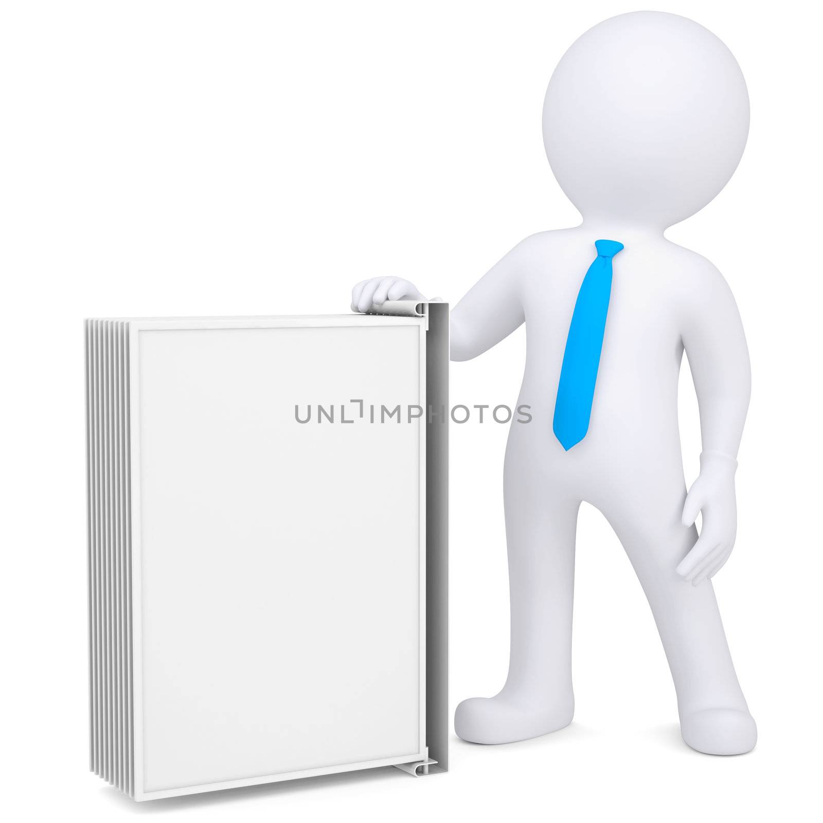 3d man holding a changeover advertising stand. Isolated render on a white background