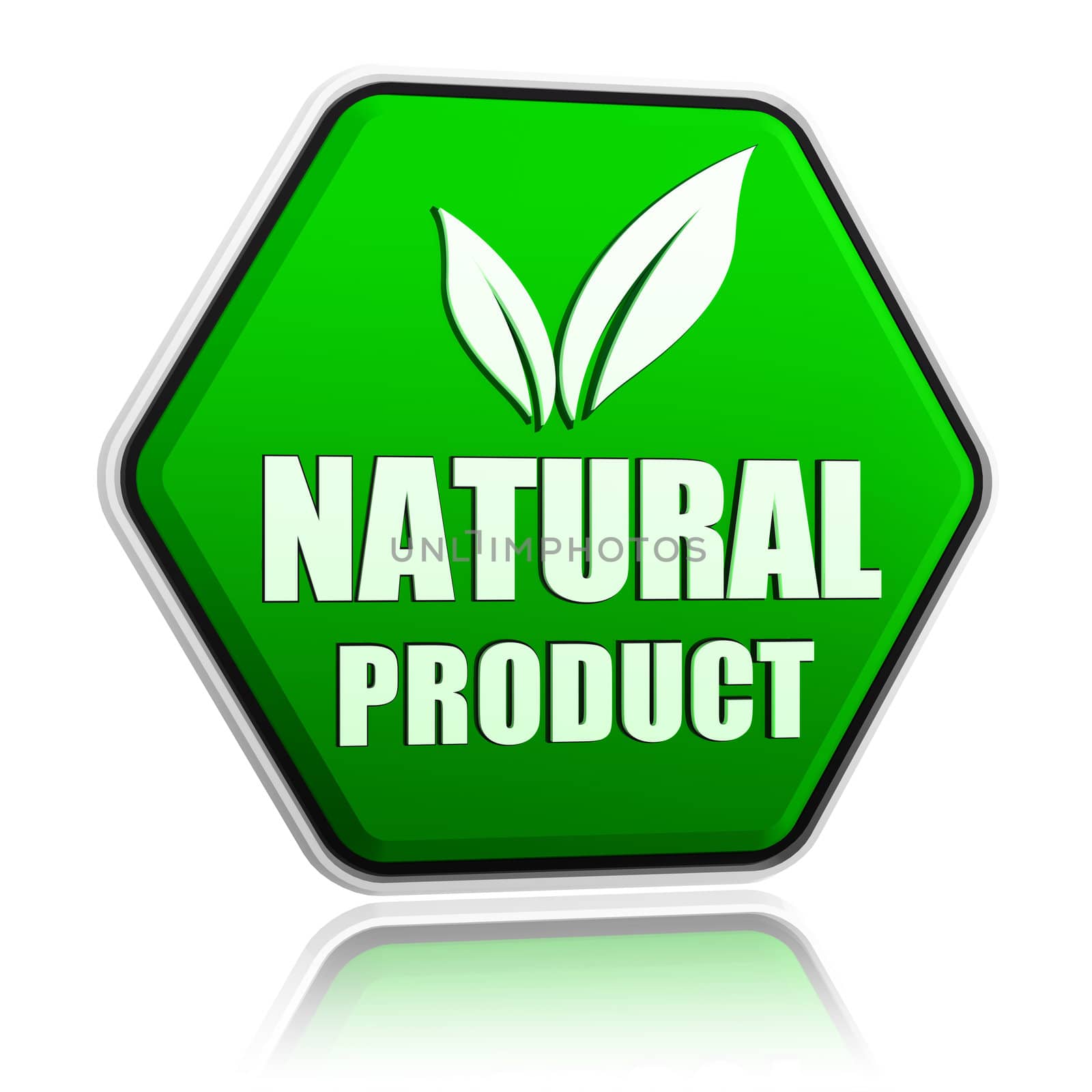 natural product with leaf sign button - 3d green hexagon banner with text and symbol, business eco bio concept