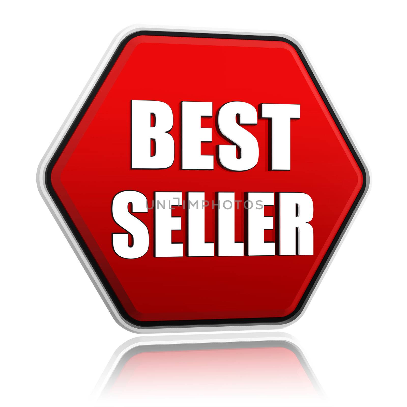 best seller button - 3d red hexagon banner with white text, business concept