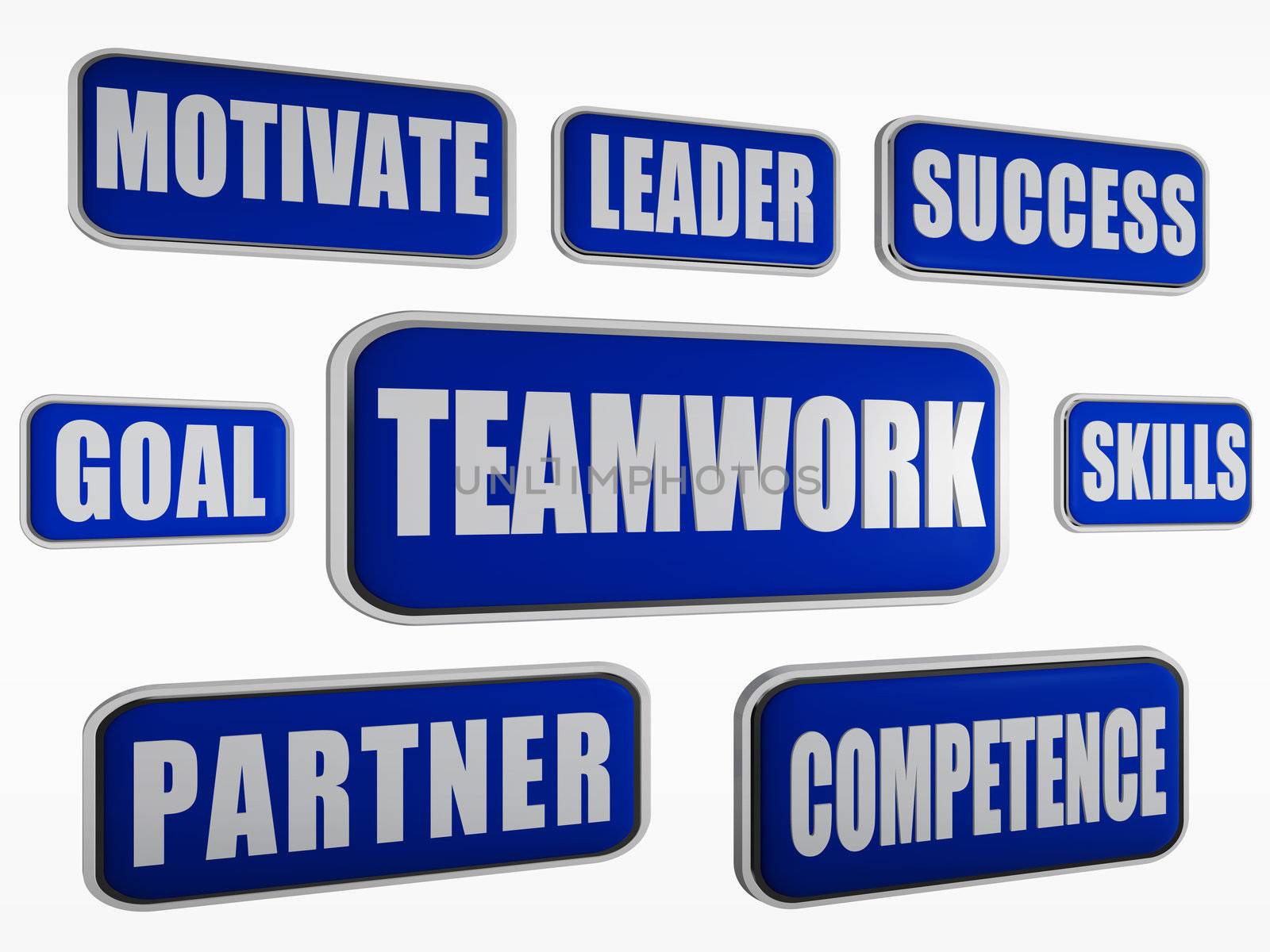 teamwork - text in 3d blue banners with business concept words