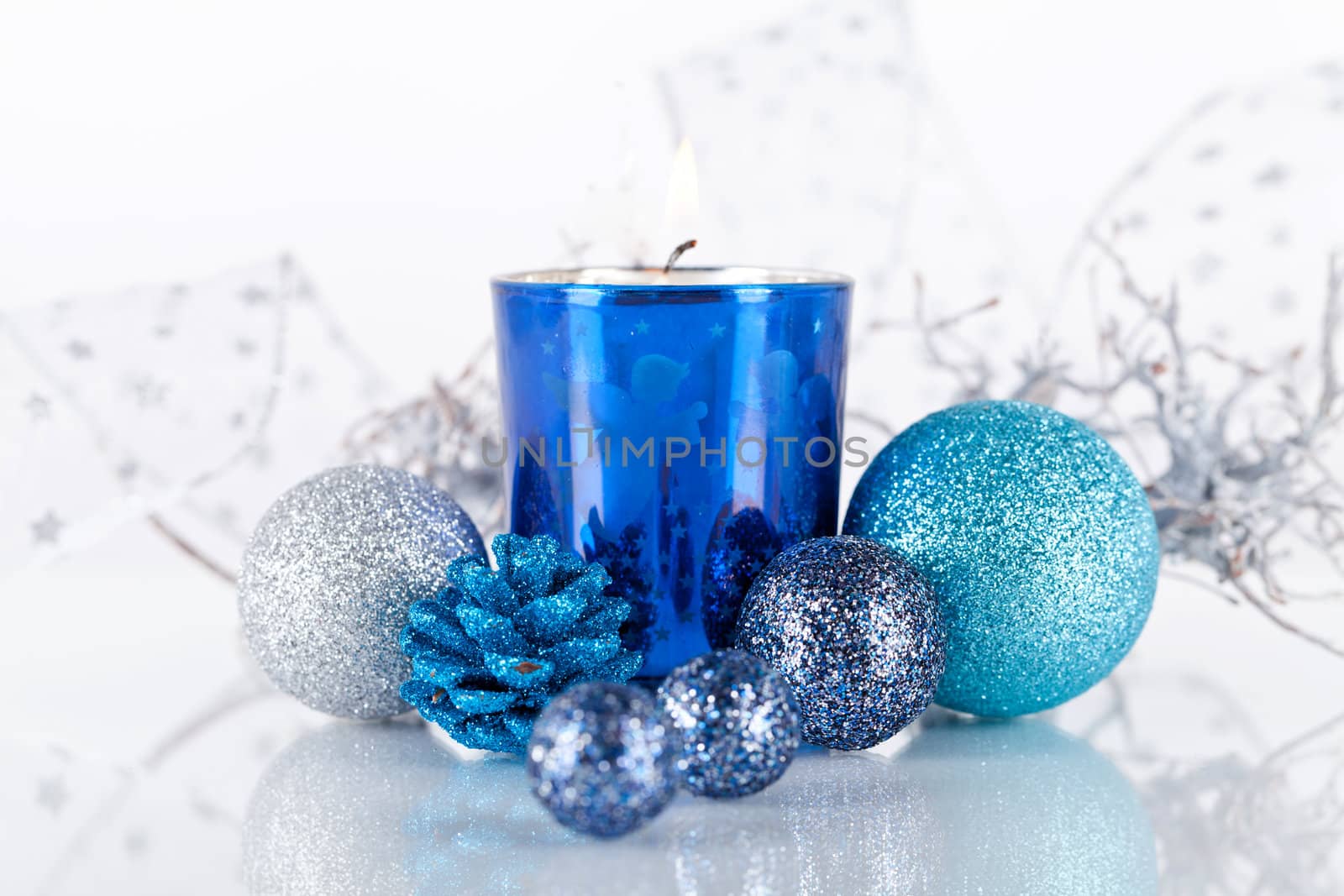 traditional festive christmas decoration glitter in silver and blue