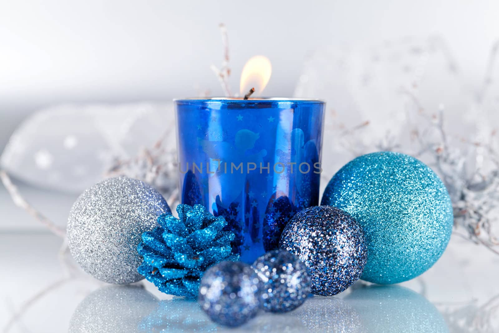 traditional festive christmas decoration glitter in silver and blue