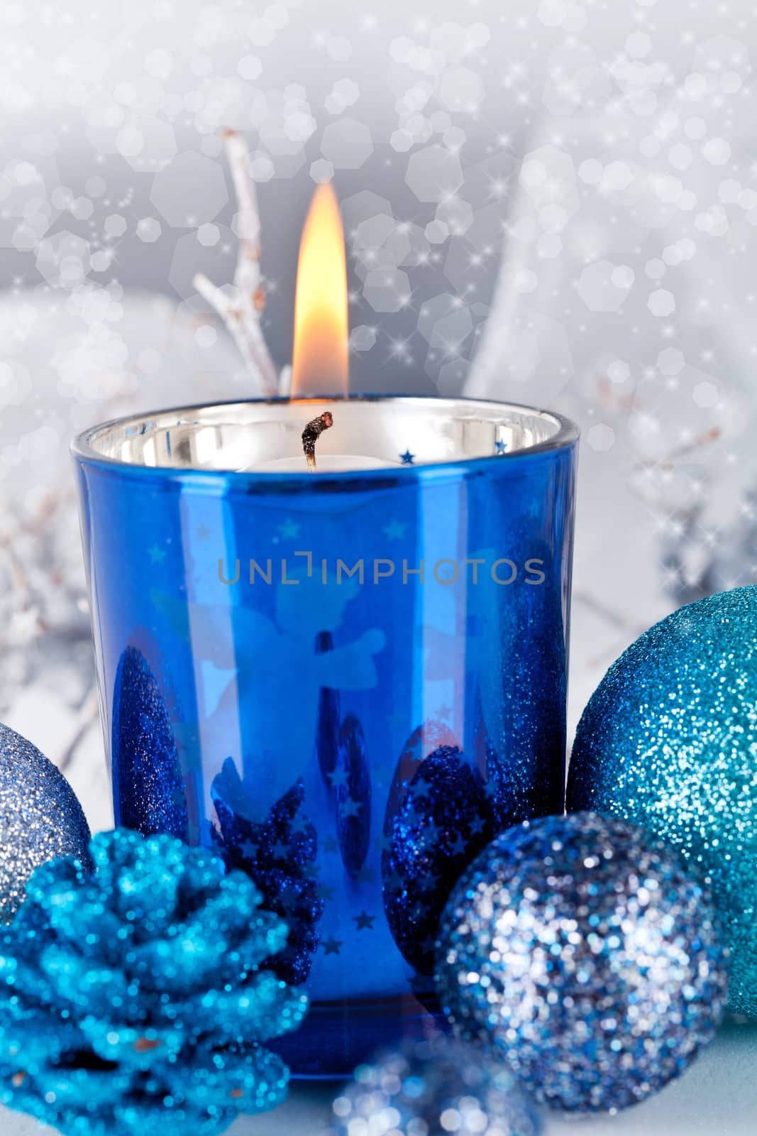 traditional festive christmas decoration glitter in silver and blue