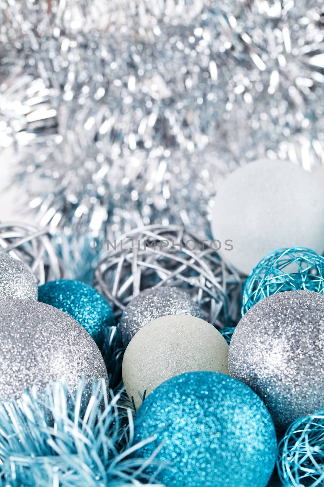 traditional festive christmas decoration glitter in silver and blue