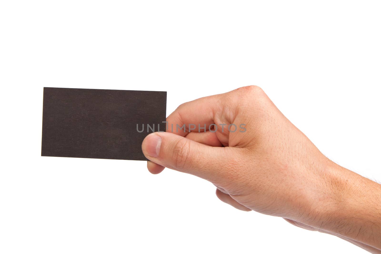 Businessman's hand holding blank paper business card, closeup isolated on white background