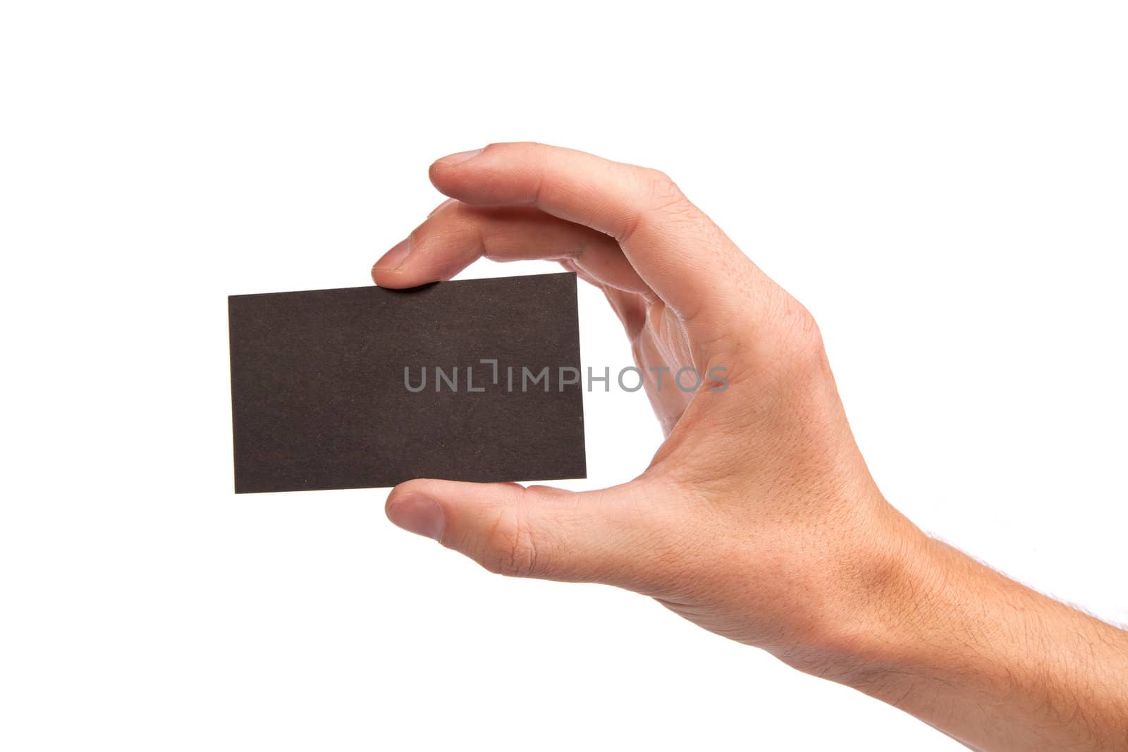 Businessman's hand holding blank paper business card, closeup isolated on white background