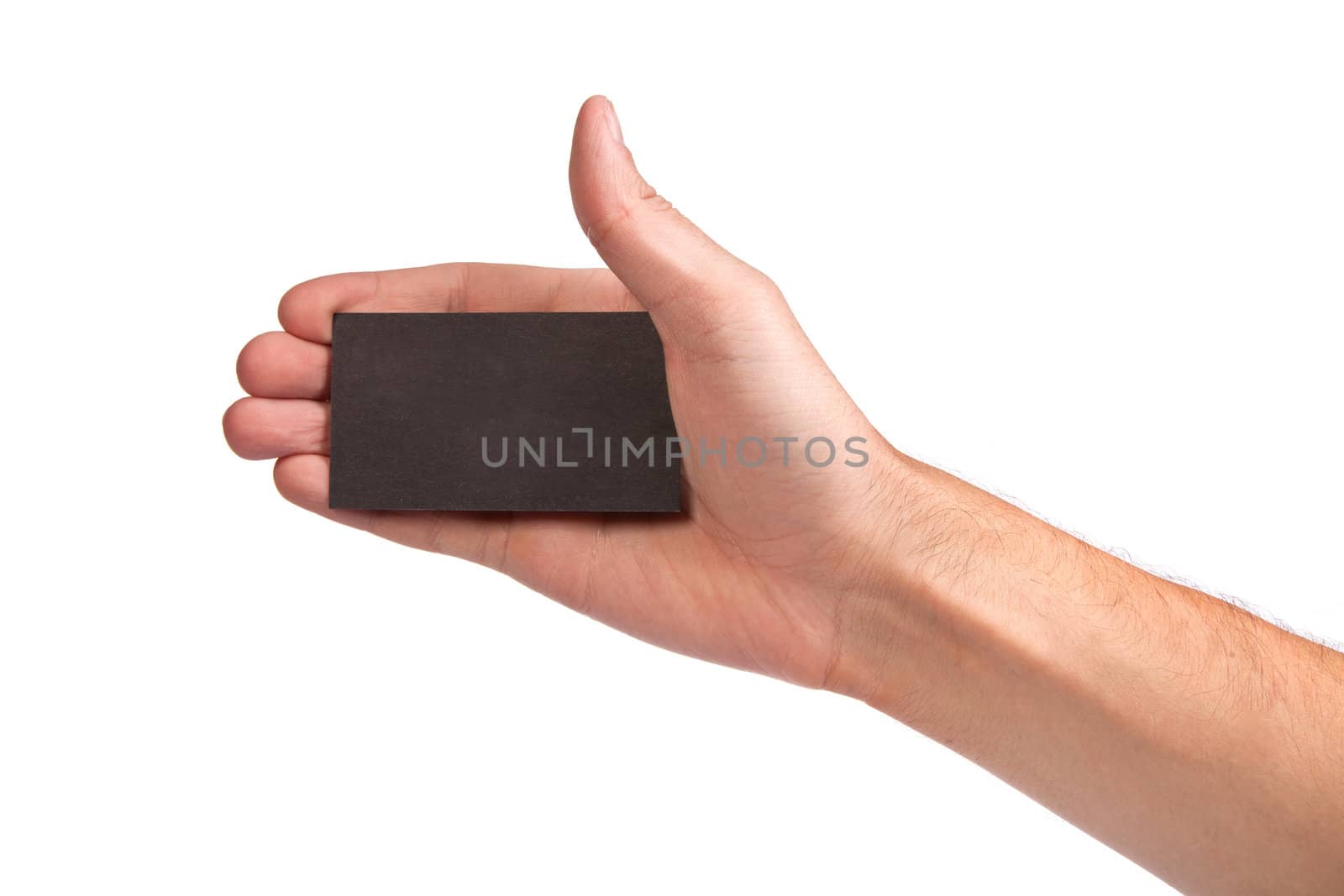 Businessman's hand holding blank paper business card, closeup isolated on white background