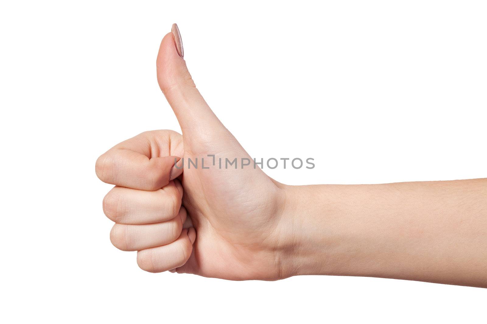 Closeup of Female hand showing thumbs up sign isolated against white background