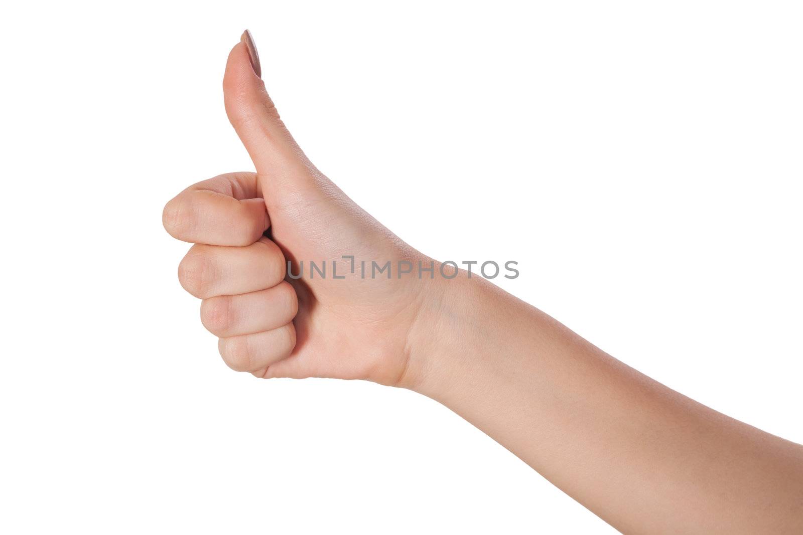 Closeup of Female hand showing thumbs up sign isolated against white background