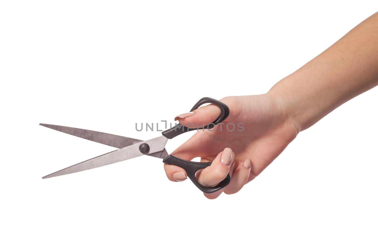 Hand is holding scissors isolated by bloodua