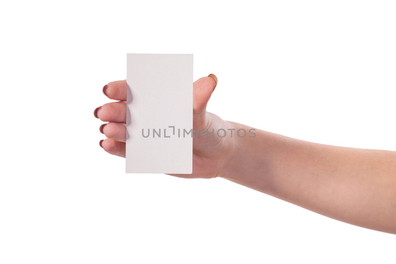 Businesswoman's hand holding blank paper business card, closeup isolated on white background