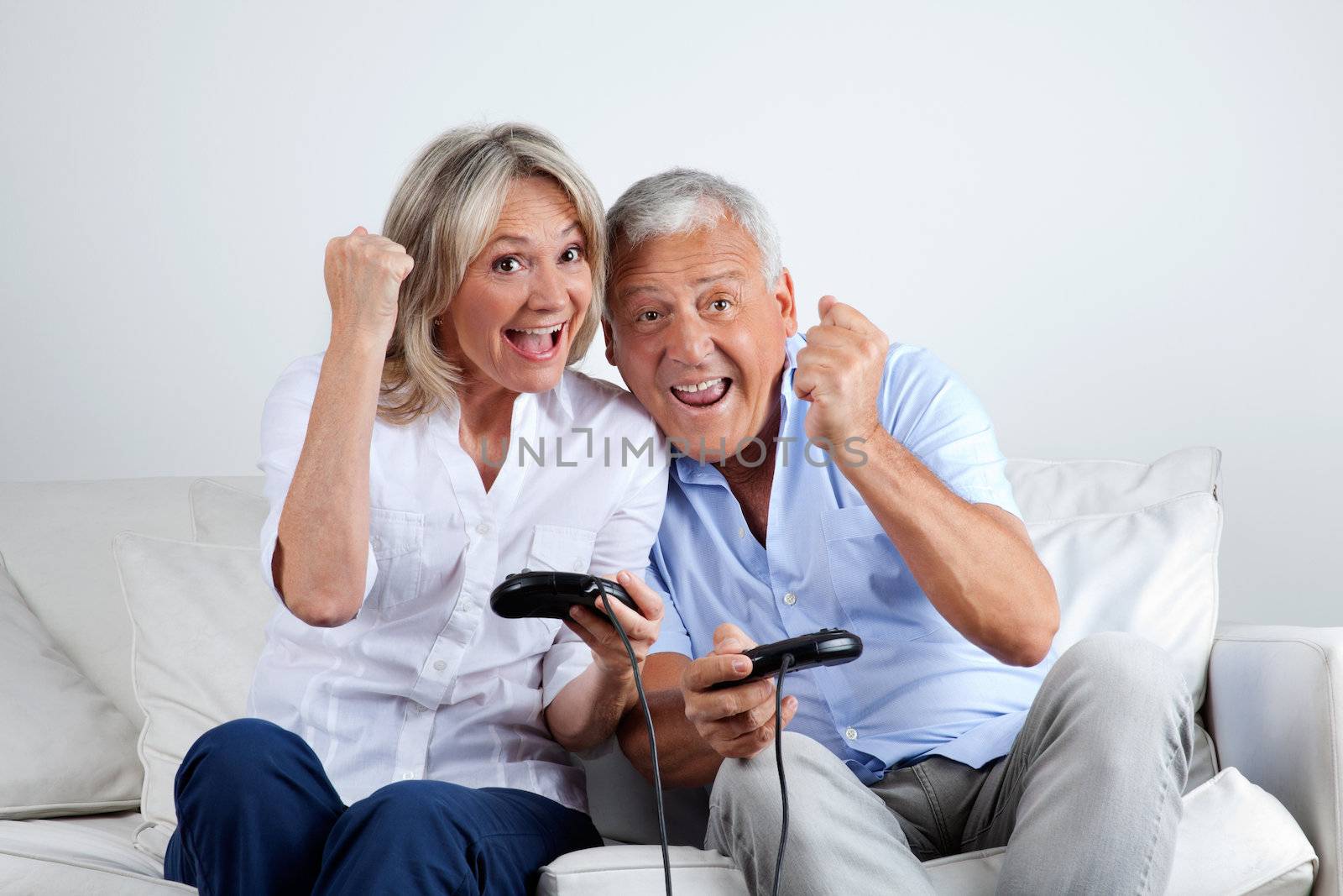 Senior couple having great time playing video game together