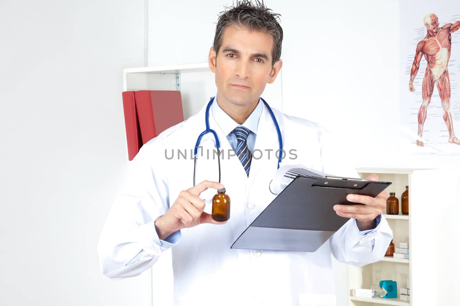 Doctor Holding Clipboard and Bottle by leaf
