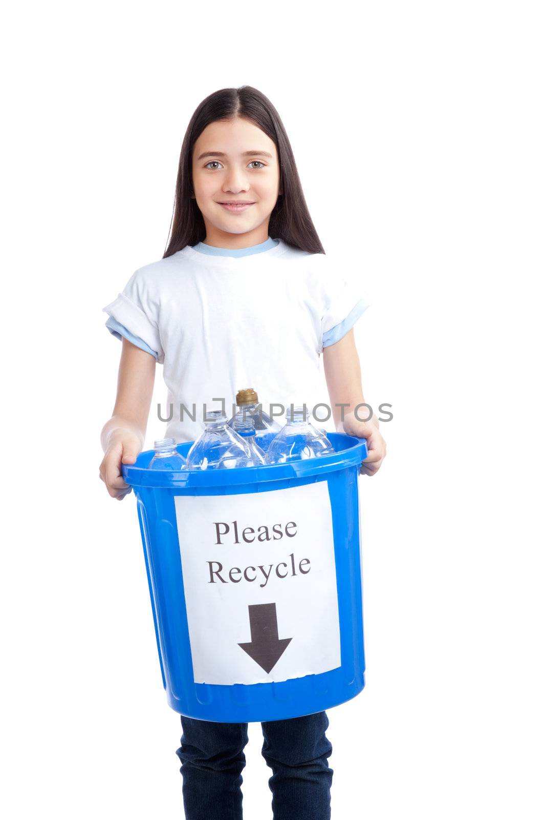 Young happy girl holding recycling waste bin.