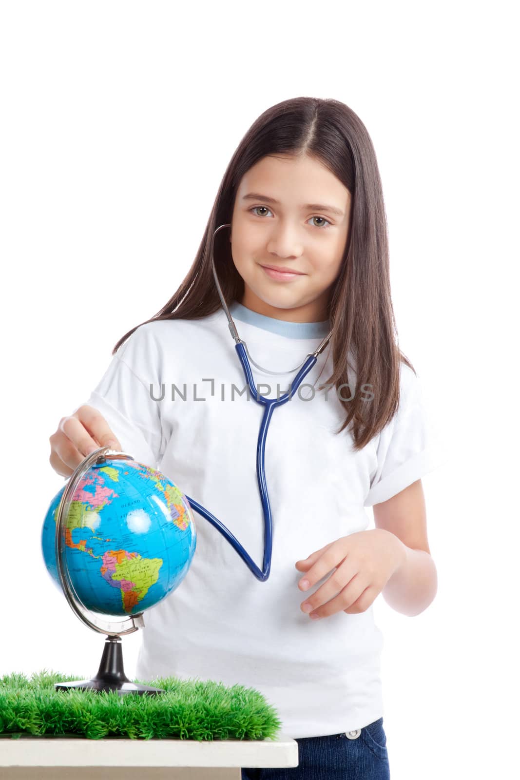 Happy girl with stethoscope and globe.