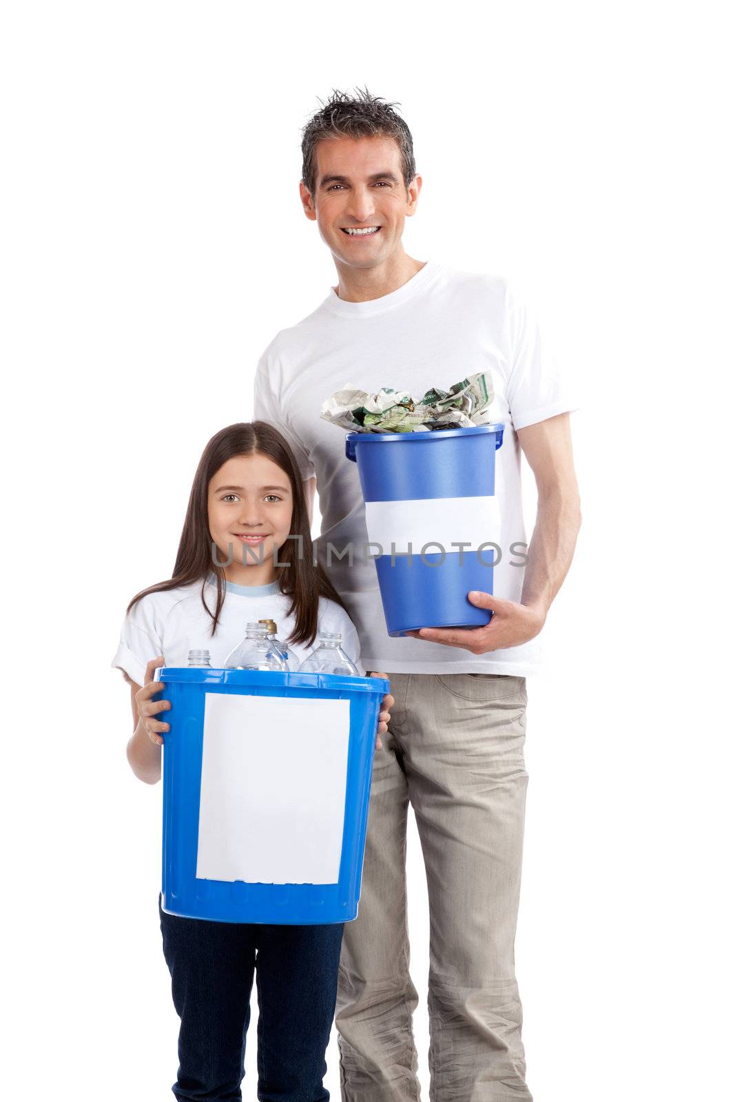 Father, Daughter Holding Recycle Bin by leaf