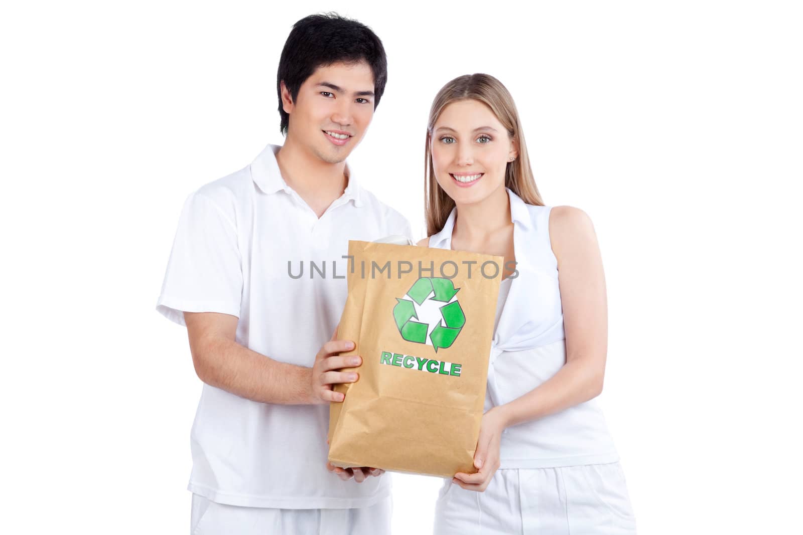 Young Couple  Holding Paper Bag by leaf