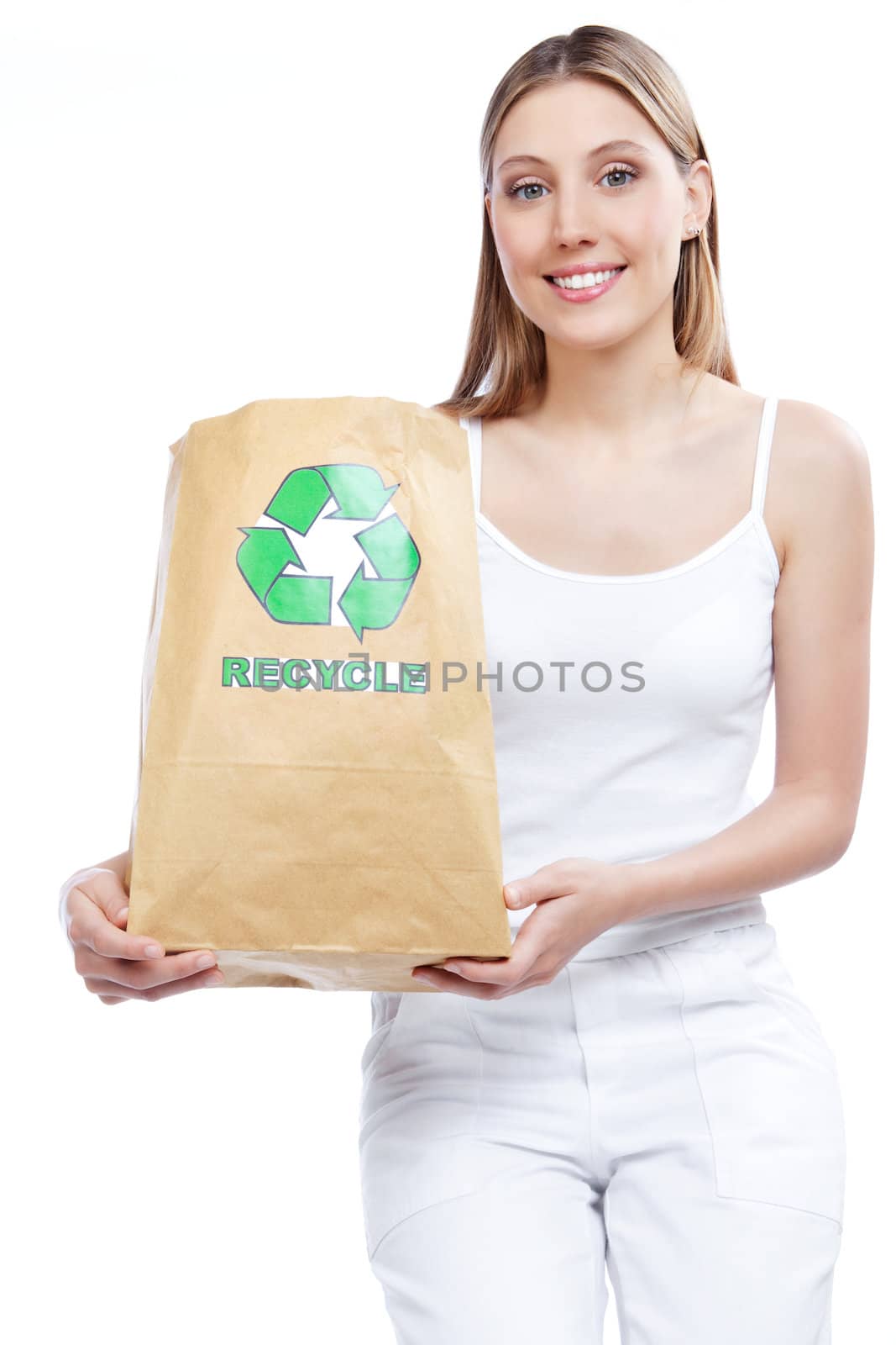 Young woman holding recycle paper bag.