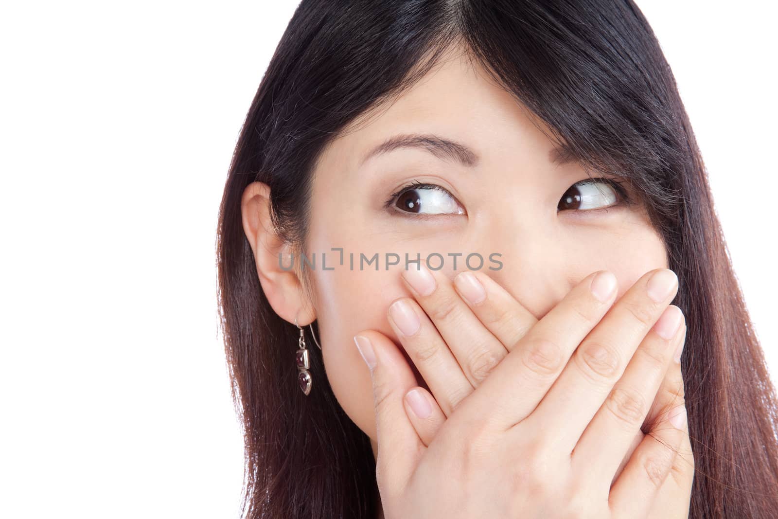 Surprised asian woman covering her mouth by the hands isolated on white background.