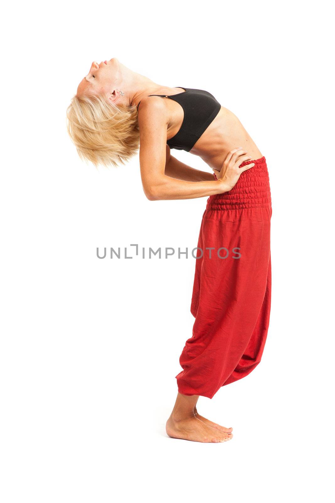 Full set of yoga asanas. Practicing Yoga. Young woman in traditional yoga clothes isolated on white background