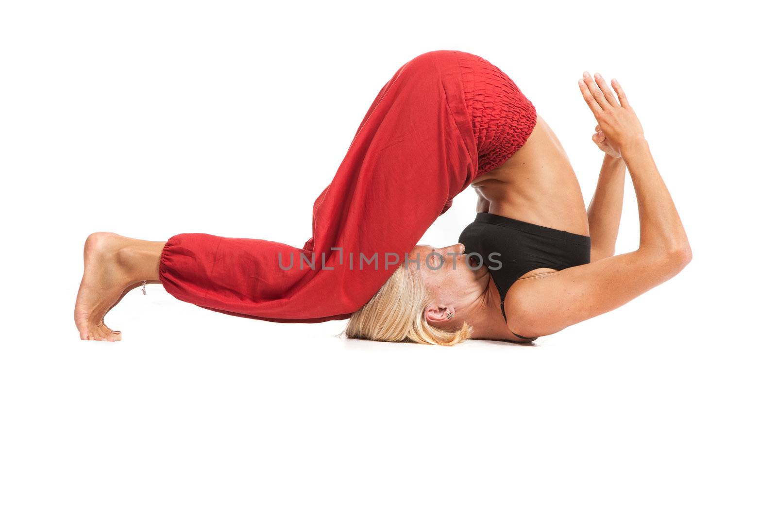 Full set of yoga asanas. Practicing Yoga. Young woman in traditional yoga clothes isolated on white background