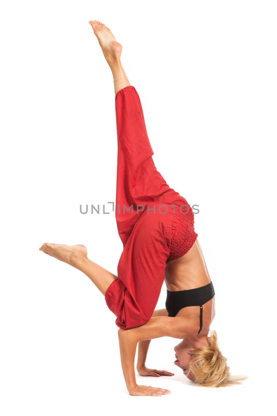 Full set of yoga asanas. Practicing Yoga. Young woman in traditional yoga clothes isolated on white background