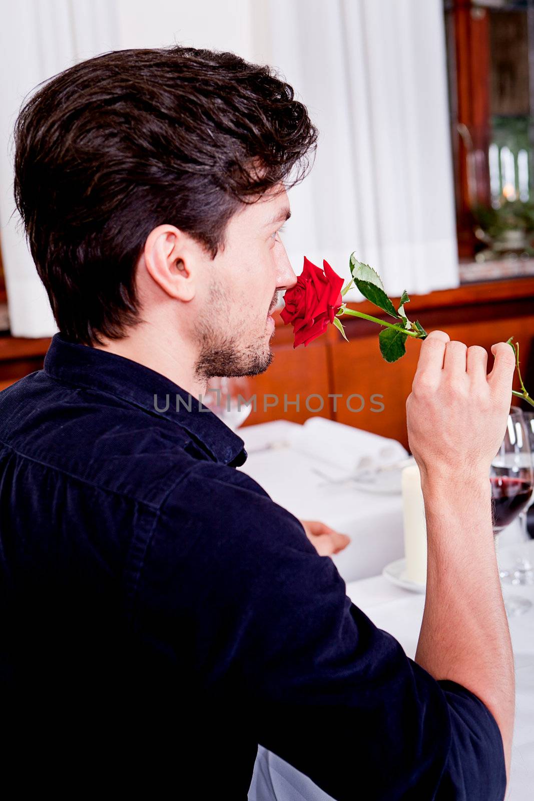 happy couple in restaurant romantic date  by juniart