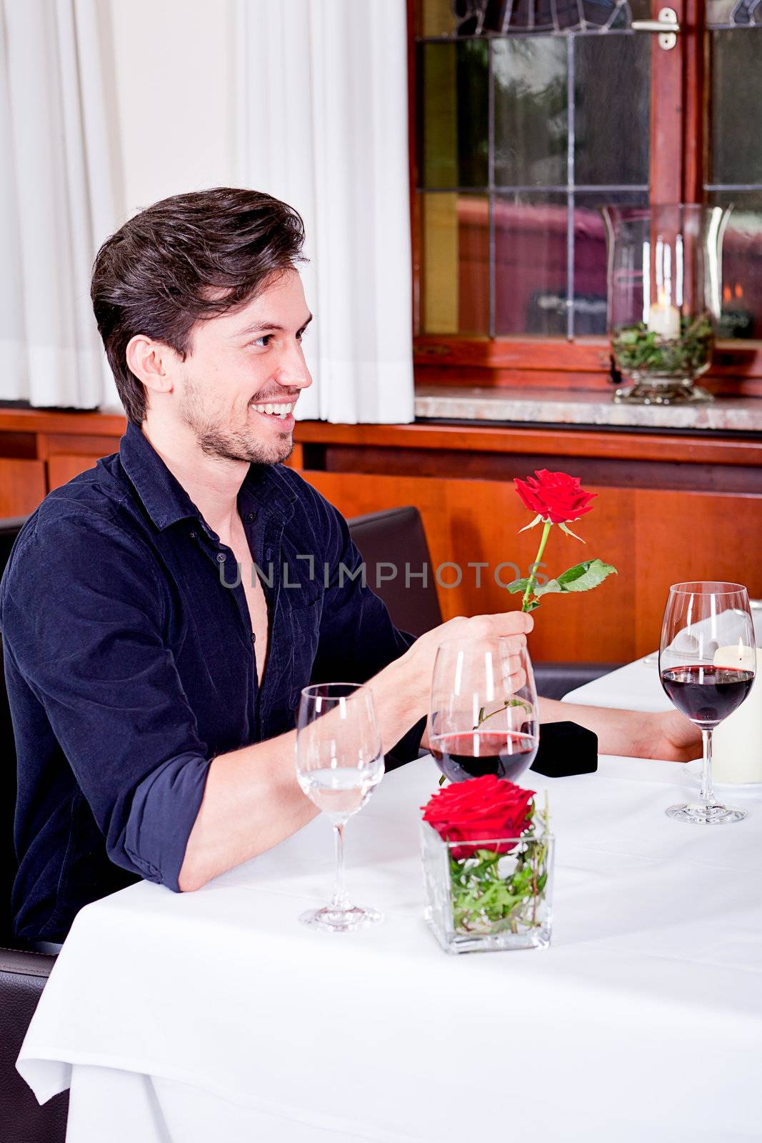 happy couple in restaurant romantic date  by juniart