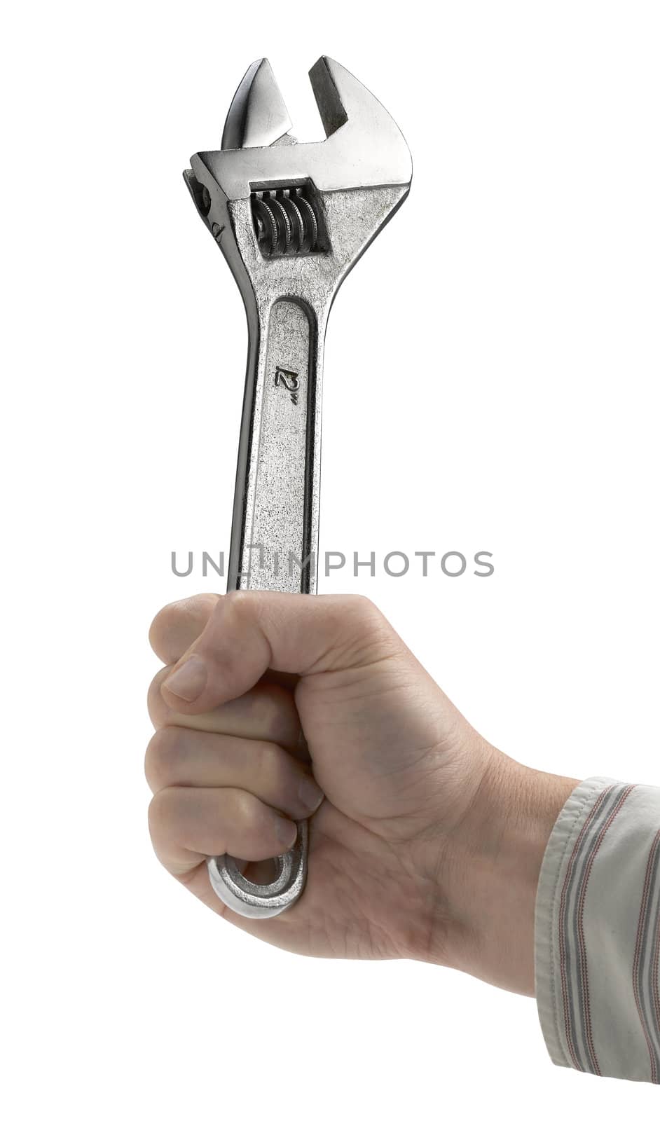 A chrome vanadium (spanner) on hand isolated over white  by pbombaert