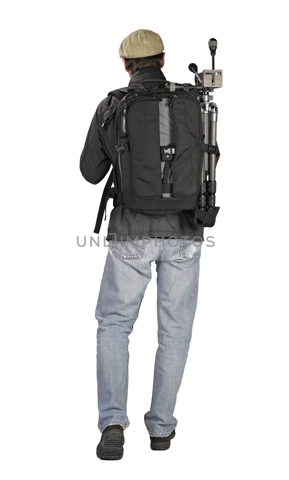 Phtographer hiker, back view on white background