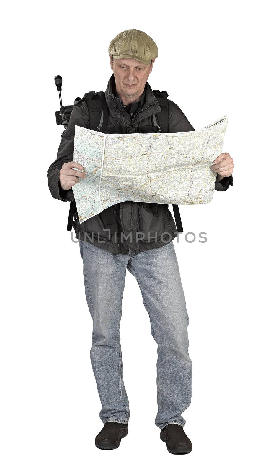 Phtographer hiker with map on white